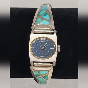 Rare! 1970's Seiko windup Turquoise Inlay watch + sterling silver. Works Great!